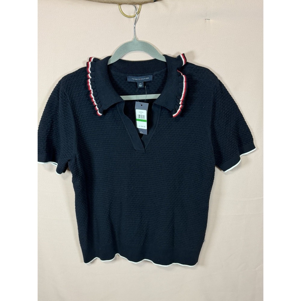 NWT Tommy Hilfiger Womens Sweater Polo Shirt Navy W/Striped Accents Fit Sz L
